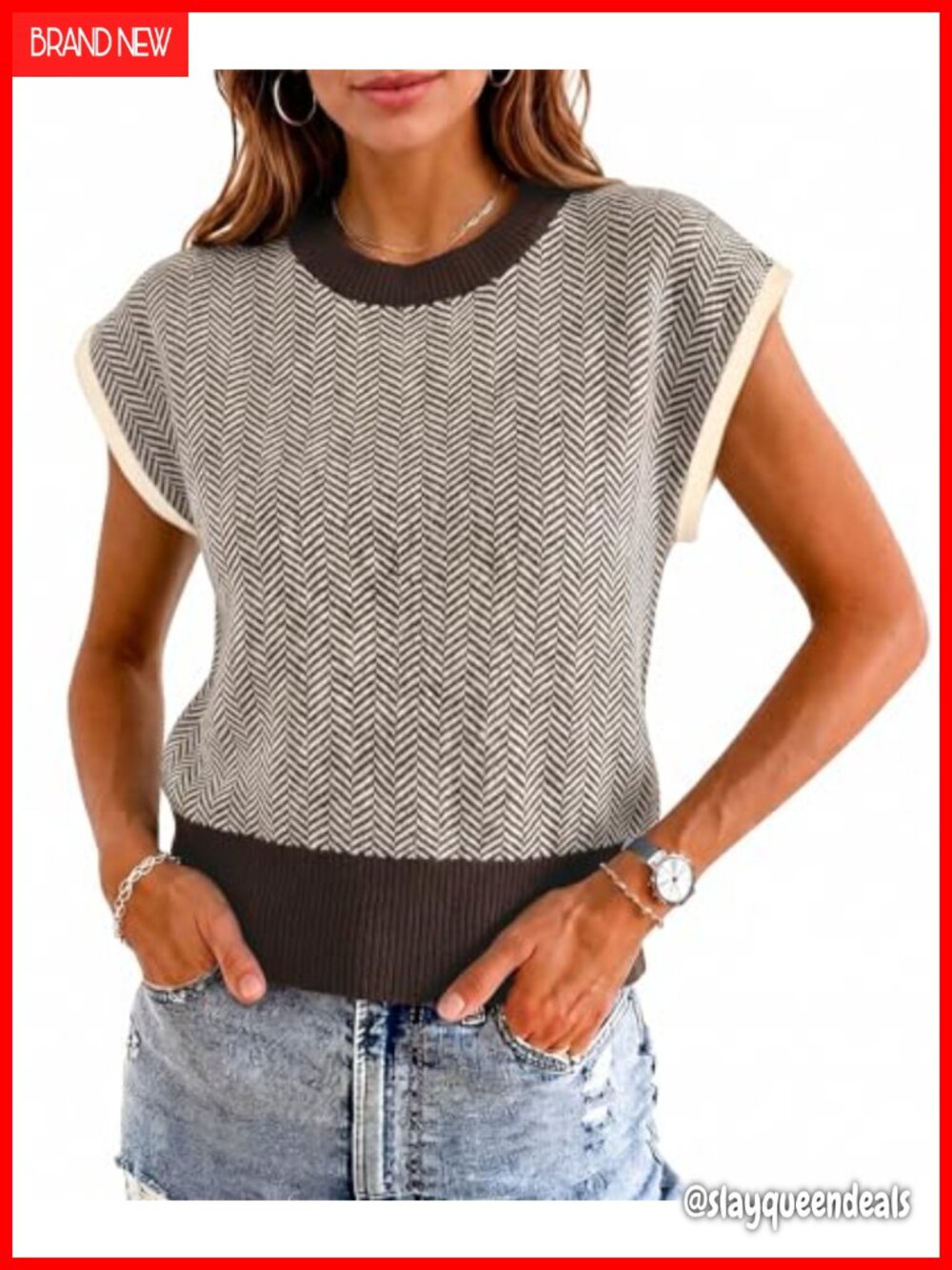 Cap Sleeve Sweater Vest Color Block Knit Crop Top Crew Neck